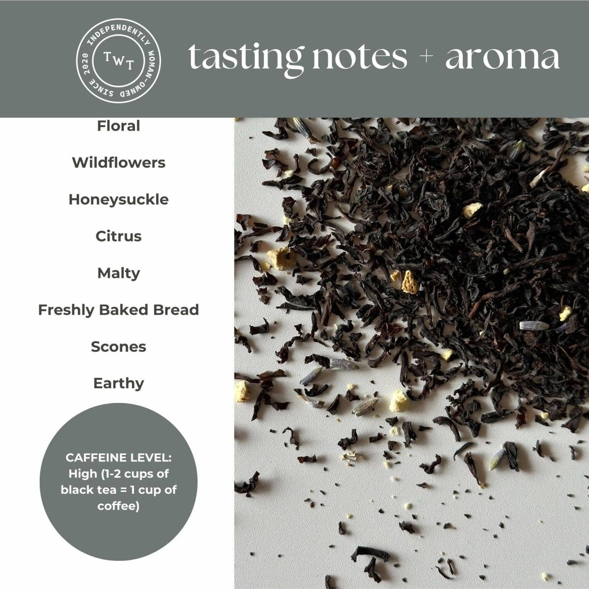 Lavender Earl Grey Black Tea — loose leaf gourmet tea, perfect for gifts for her and curated gift boxes (detail shot)