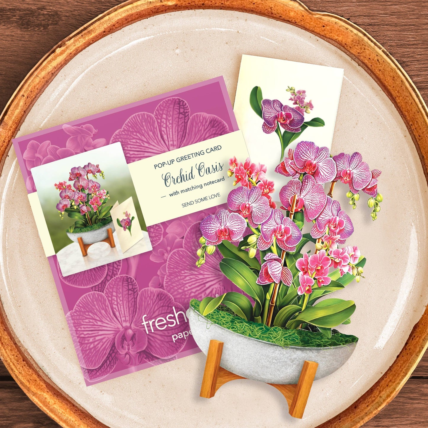 Mini Orchid Oasis Pop-up Greeting Card from fresh cut