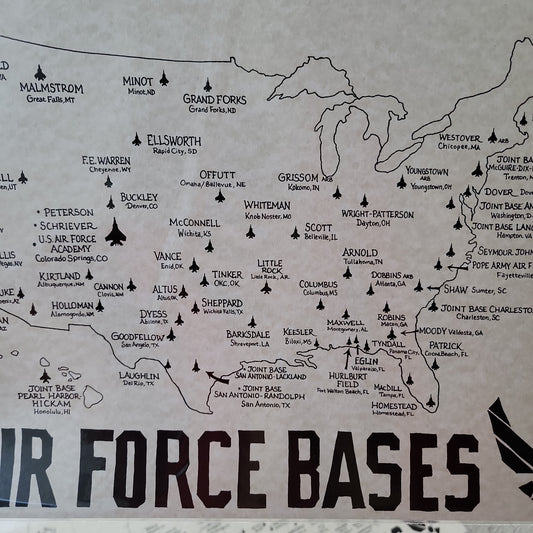 US airforce base handdrawn map from Wisconsin. Air Force Bases Tracking Map - Military Retirement & Veteran Gift
