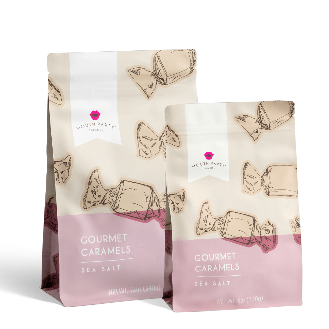 Sea salt caramel 6oz gift pouch, perfect for gourmet gift boxes and curated gift boxes (detail shot)