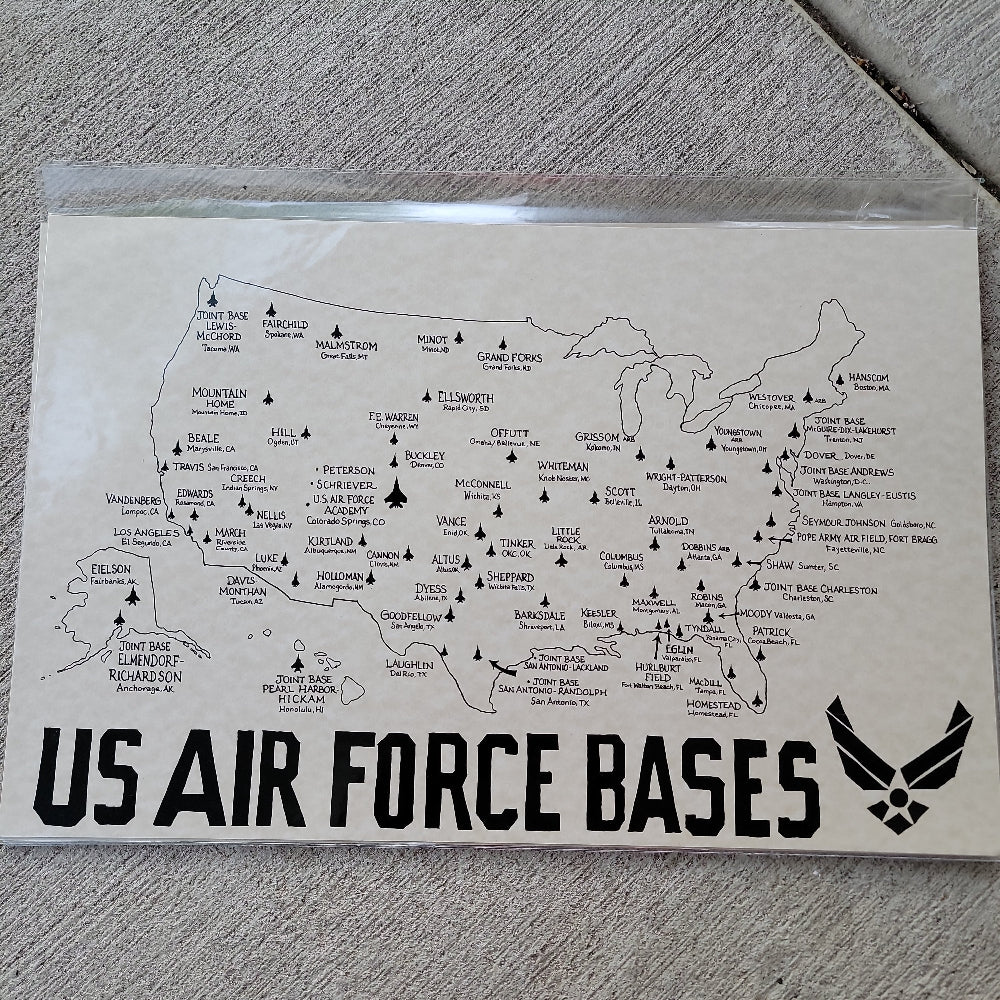 US Airforce base map made in Wisconsin. Air Force Bases Tracking Map - Military Retirement & Veteran Gift