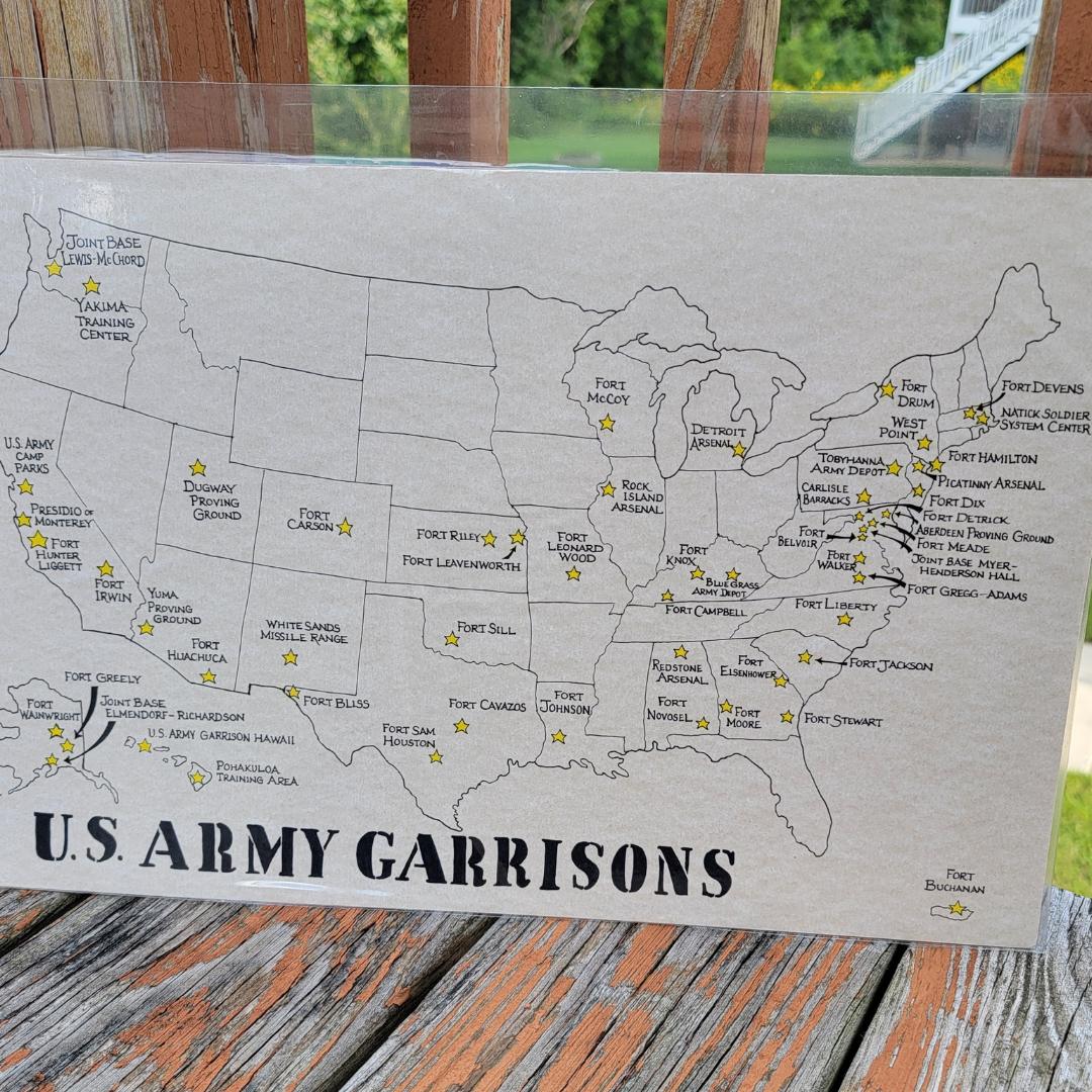 Hand-Drawn Army Garrisons Map - Military Wall Art & Gift for Veterans, perfect for gifts for him (detail shot)