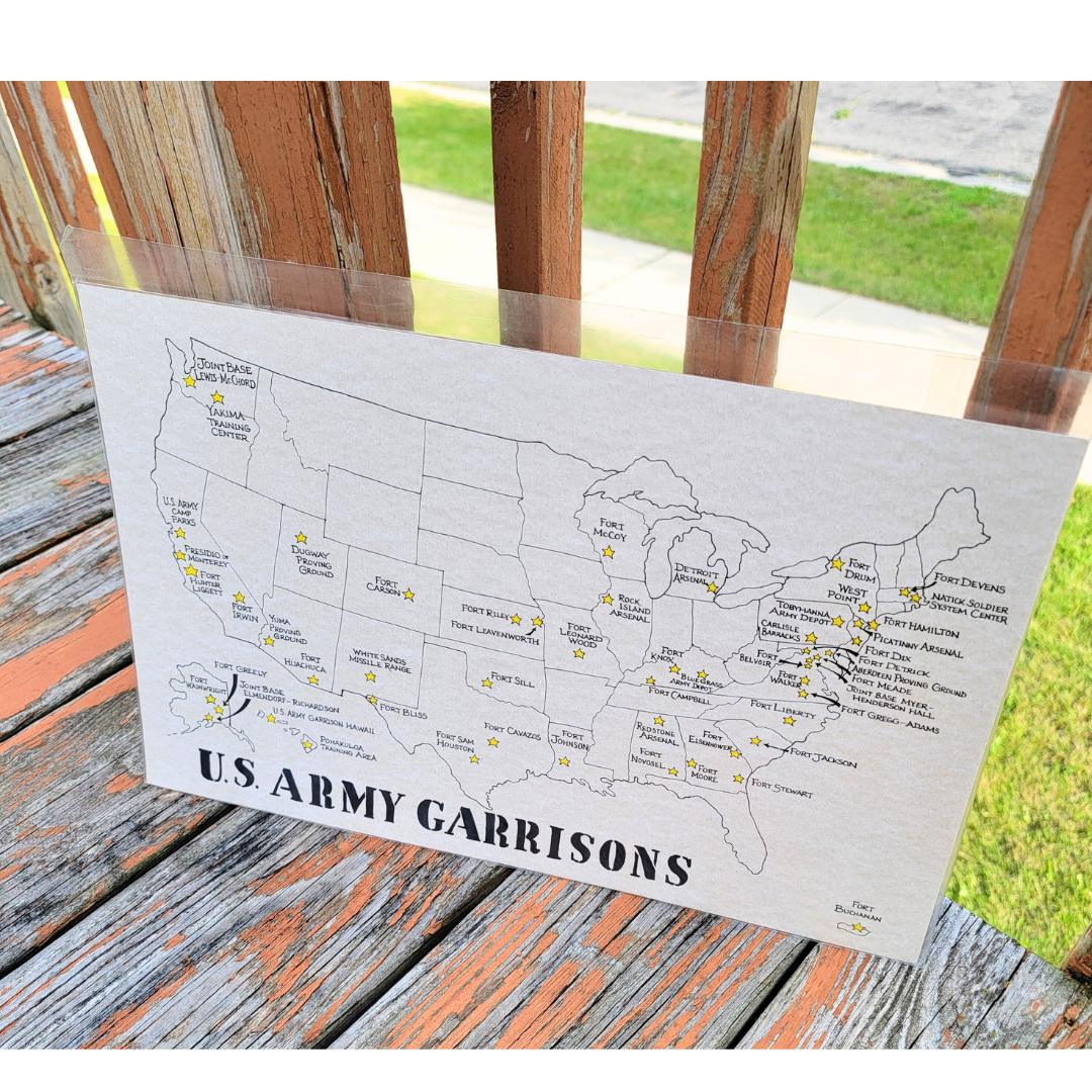 Hand-Drawn Army Garrisons Map - Military Wall Art & Gift for Veterans, perfect for gifts for him (shown with packaging)