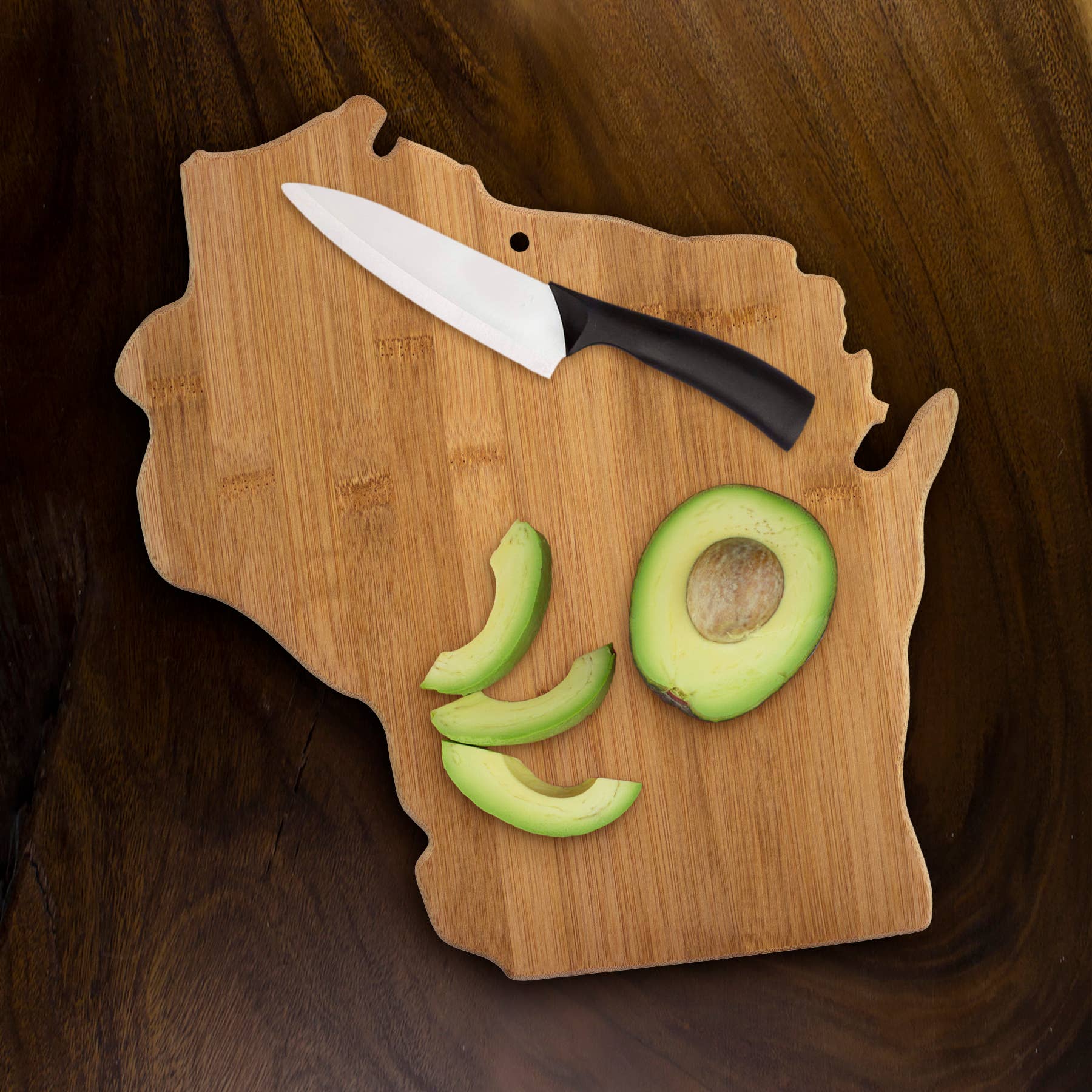 Wisconsin State-Shaped Bamboo Serving & Cutting Board, perfect for curated gift boxes and Build a Box gifting