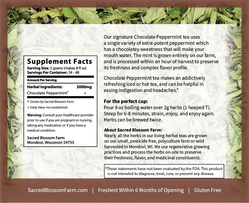 Chocolate Peppermint Herbal Tea — loose leaf gourmet tea, perfect for gourmet gift boxes (lifestyle photo)