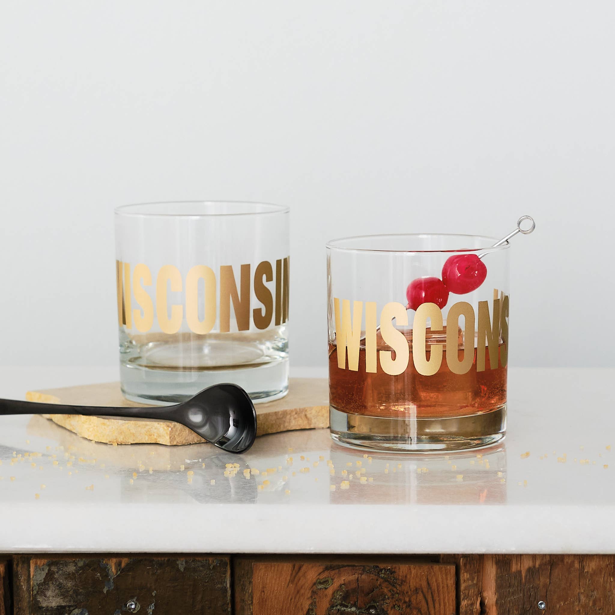 Wisconsin Typography Rocks Glasses, perfect for curated gift boxes and Build a Box gifting