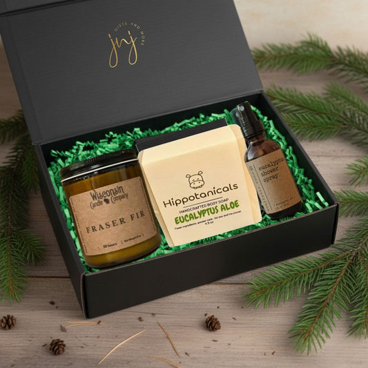 Fir & Eucalyptus Morning Set for friends and family Christmas. Holiday wellness gift set.