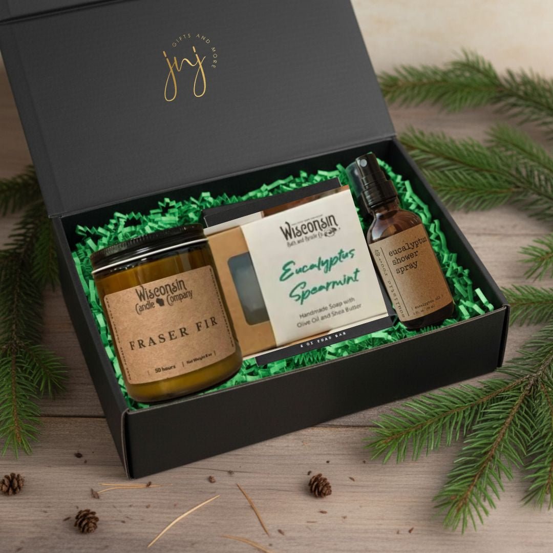 Fir & Eucalyptus Morning Set for friends and family Christmas. Holiday wellness gift set.