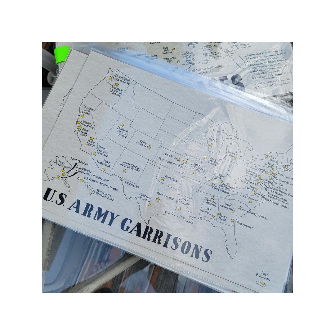 Hand-Drawn US Army Garrisons Map, Army veteran gifts