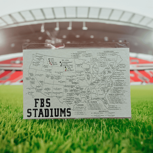 The ultimate college football road trip! Track every FBS stadium with our hand-drawn map poster.