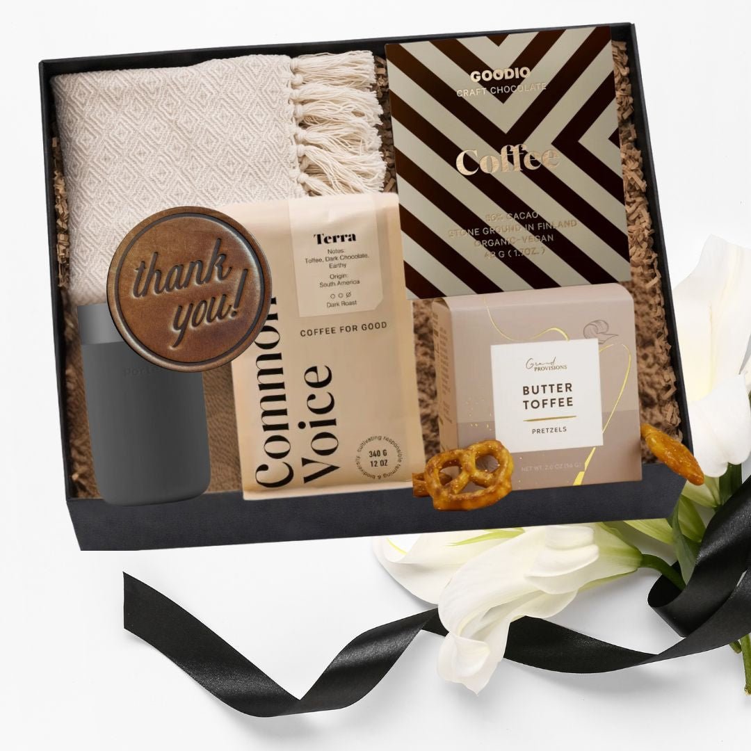 Gratitude & Comfort in a Box, perfect for gourmet gift boxes and curated gift boxes (front view)