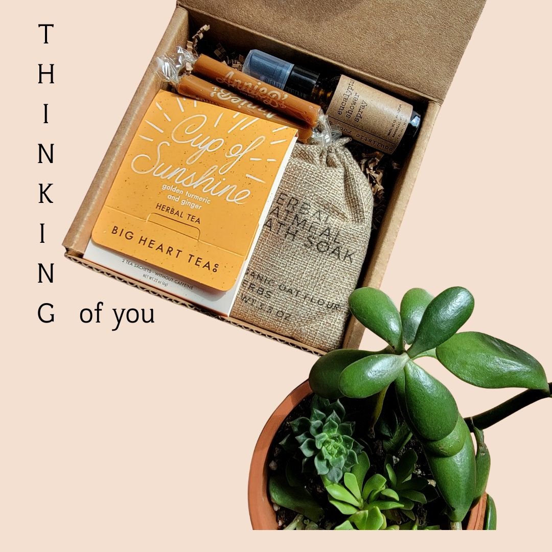 self-care gift for sympathy, get well, or thinking of you moments. Herbal tea, bath soak, shower spray & caramels for coworker