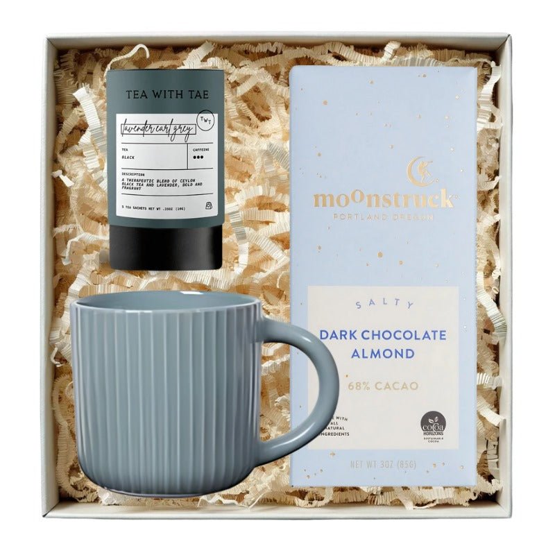 New Employee Onboarding Gift Box with coffee mug, chocolate, and tea in a mailer gift box for employee welcome gifting