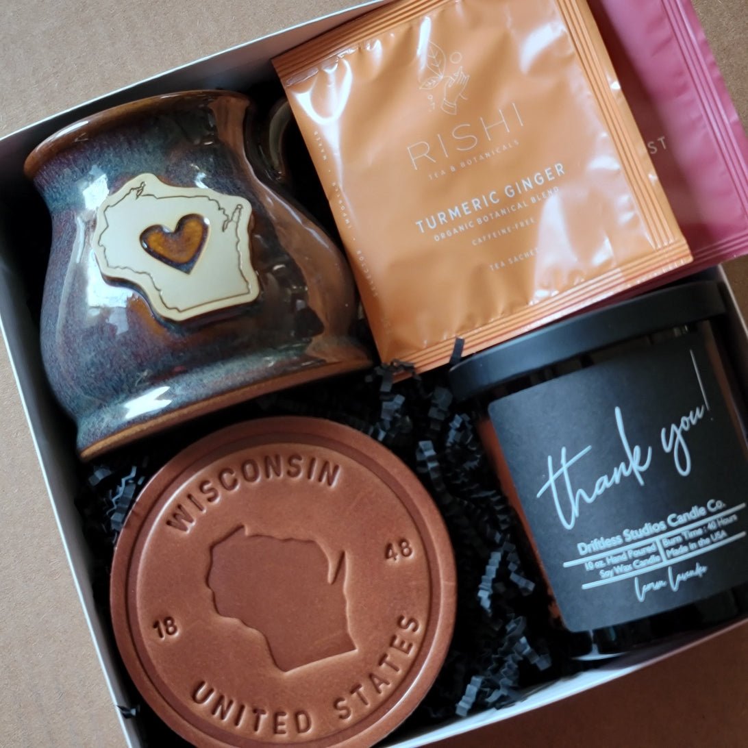 coffee mug and treats from Wisconsin