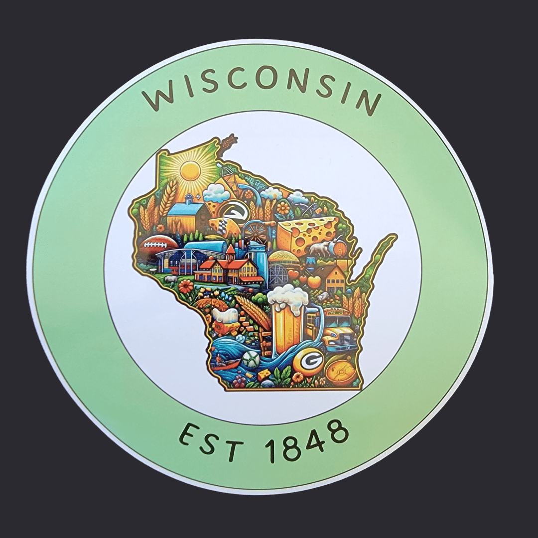 Large Round Wisconsin Sticker, perfect for curated gift boxes and Build a Box gifting