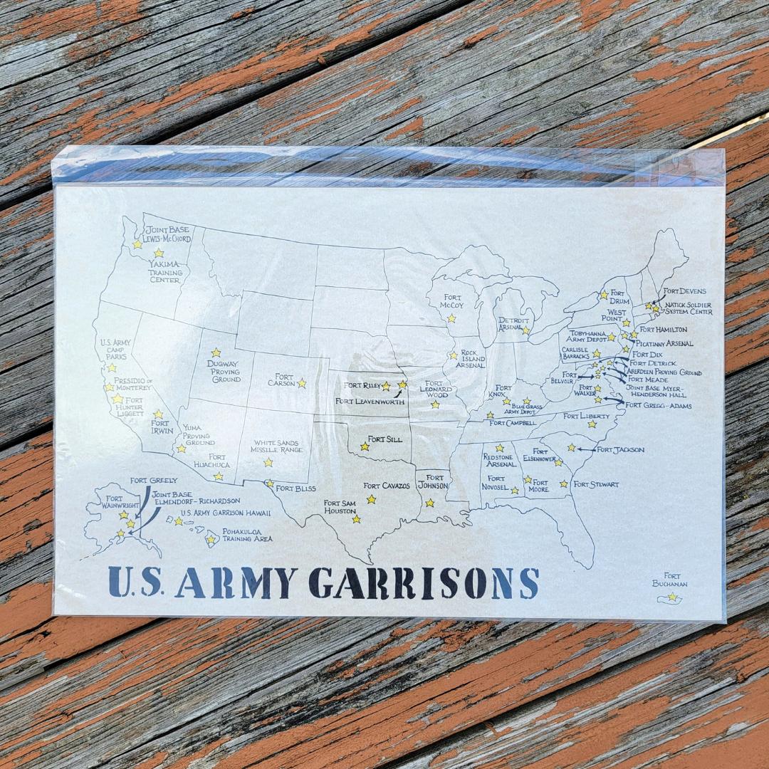 Hand-Drawn Army Garrisons Map - Military Wall Art & Gift for Veterans, perfect for gifts for him (front view)