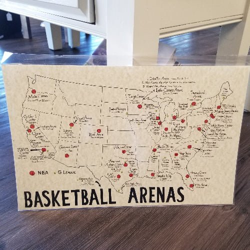 A unique gift for the ultimate basketball fan. This hand-drawn map by a Wisconsin artist tracks every NBA and G League team. The definitive basketball bucket list.