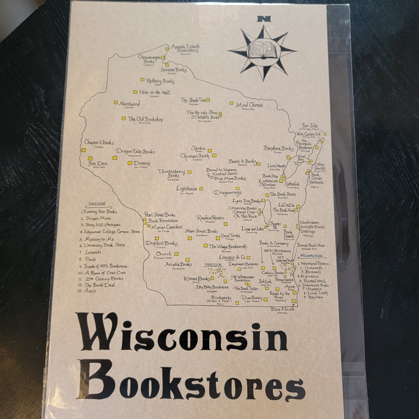Bookstores in Wisconsin handmade map for sale