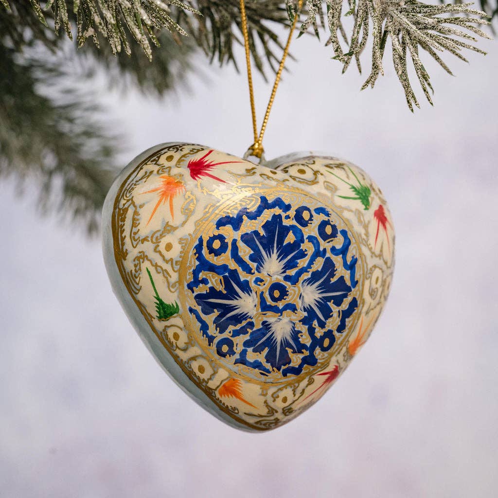 Starburst Floral Paper Mache Hanging Heart Ornament