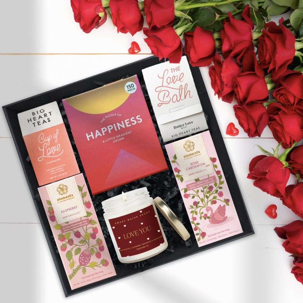 A charmingly wrapped Valentine's Day gift box overflowing with indulgent artisan chocolates, flickering candles, and heartwarming decor – a perfect expression of love.