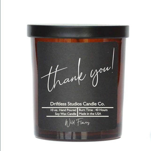 Thank You 10 oz soy candle with fresh coffee scent made in Wisconsin