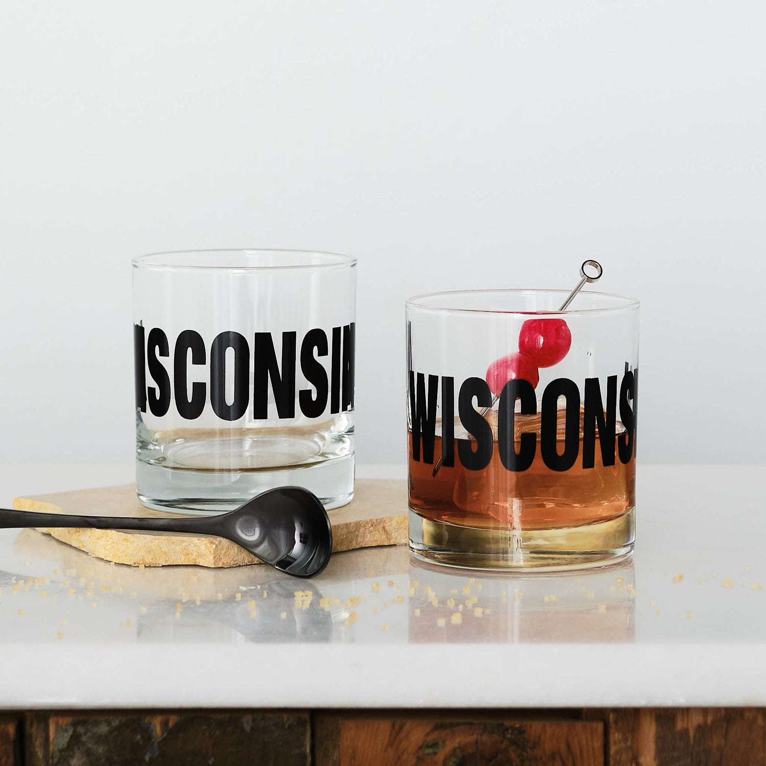 Wisconsin Typography Rocks Glasses, perfect for curated gift boxes and Build a Box gifting (front view)