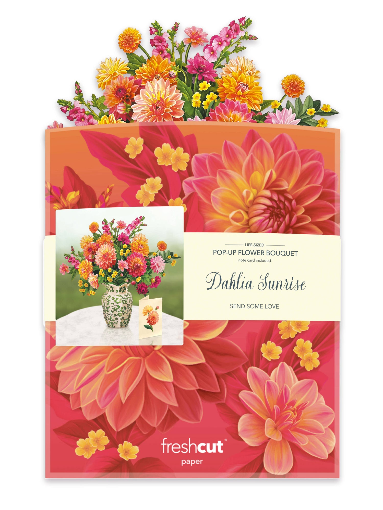 Dahlia Sunrise Pop-up Greeting Card, perfect for curated gift boxes and Build a Box gifting (lifestyle photo)