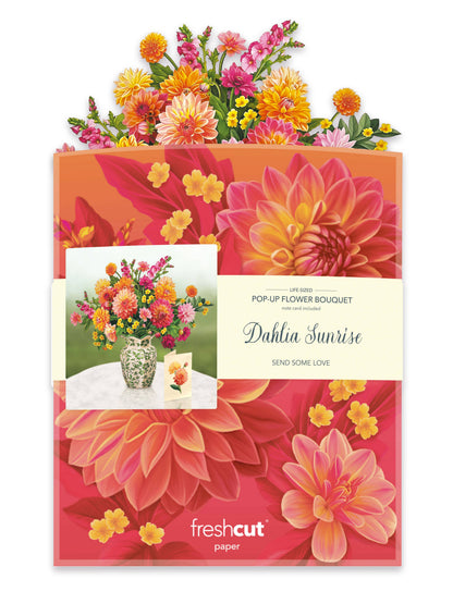 Dahlia Sunrise Pop-up Greeting Card, perfect for curated gift boxes and Build a Box gifting (lifestyle photo)