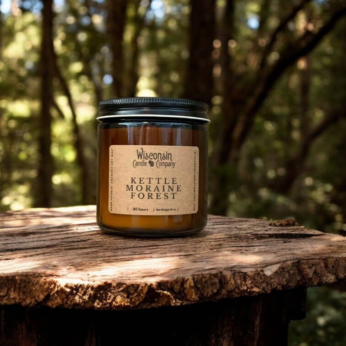 Kettle Moraine Forest Candle 8oz — hand-poured scented candle, perfect for spa and wellness gift boxes (lifestyle photo)