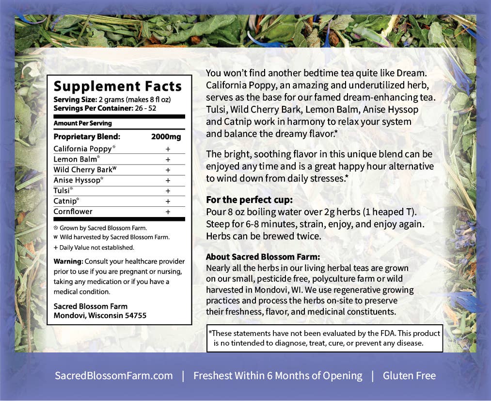 Dream Herbal Tea - Sacred Blossom Farm — loose leaf gourmet tea, perfect for gourmet gift boxes (front view)