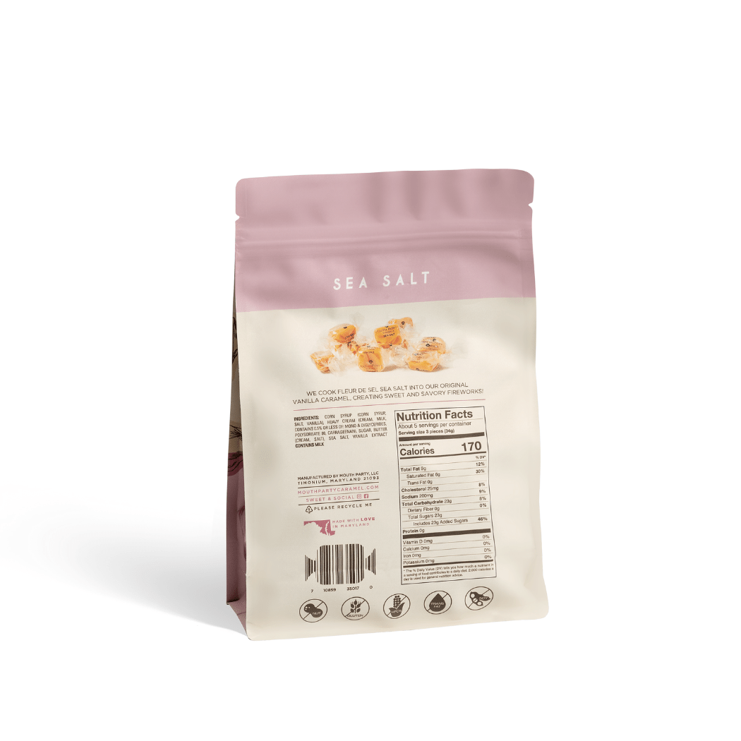 Sea salt caramel 6oz gift pouch, perfect for gourmet gift boxes and curated gift boxes (front view)