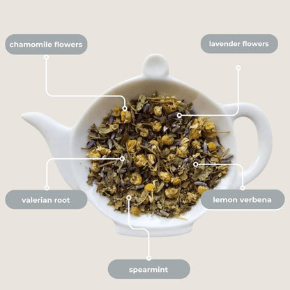 Nighttime Routine Sleep Tea — loose leaf gourmet tea, perfect for gourmet gift boxes and curated gift boxes (detail shot)