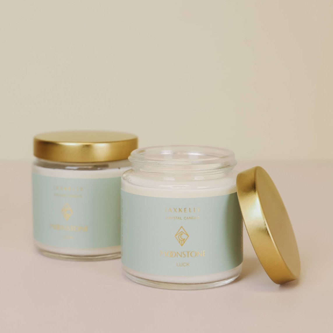 Clear Crystal Candle with Moonstone crystal for good luck and fresh calming fragrance