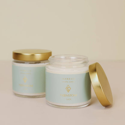 Clear Crystal Candle with Moonstone crystal for good luck and fresh calming fragrance