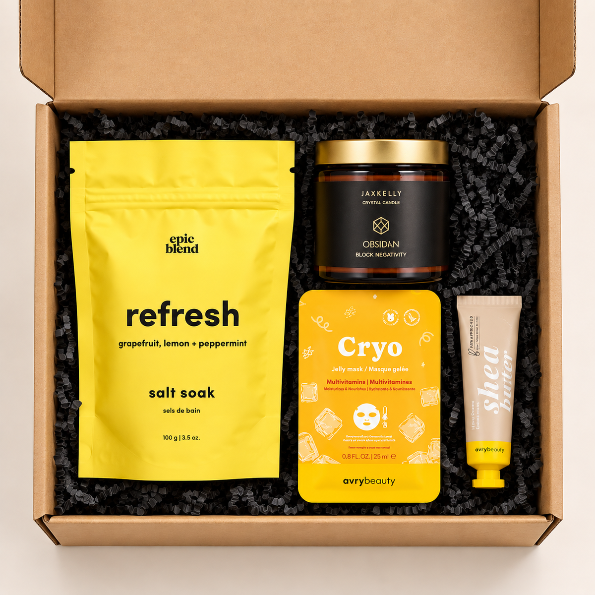 Teacher appreciation self-care gift box with crystal candle, citrus salt soak, cryo jelly face mask and shea hand cream