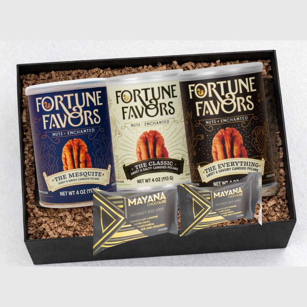 Taste of Wisconsin in a Box features three Fortune Favors candied pecans and two Mayana chocolate bars. A ready-to-gift Wisconsin food gift box.