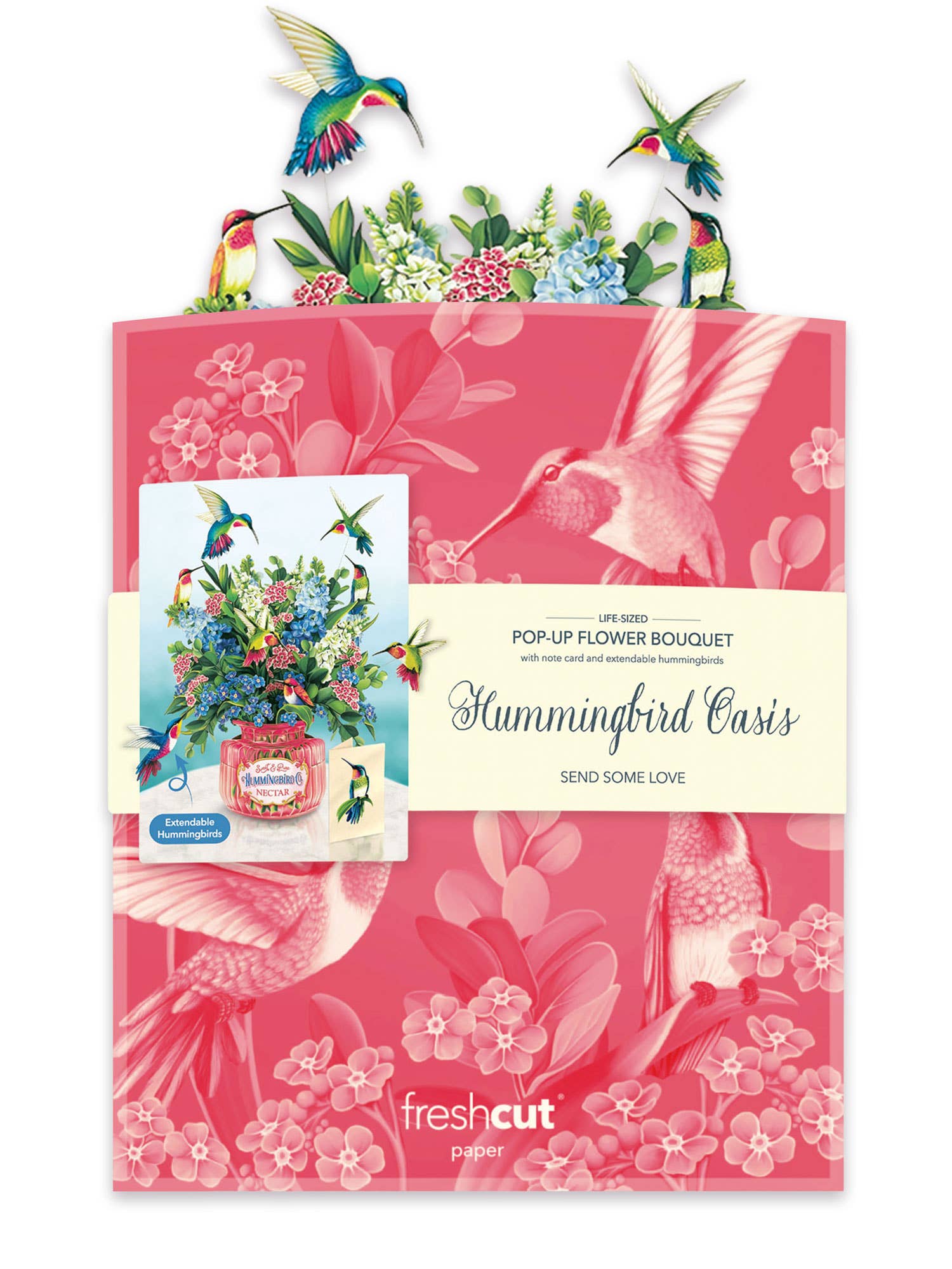 Hummingbird Oasis Pop-up Greeting Card, perfect for curated gift boxes and Build a Box gifting (shown with packaging)