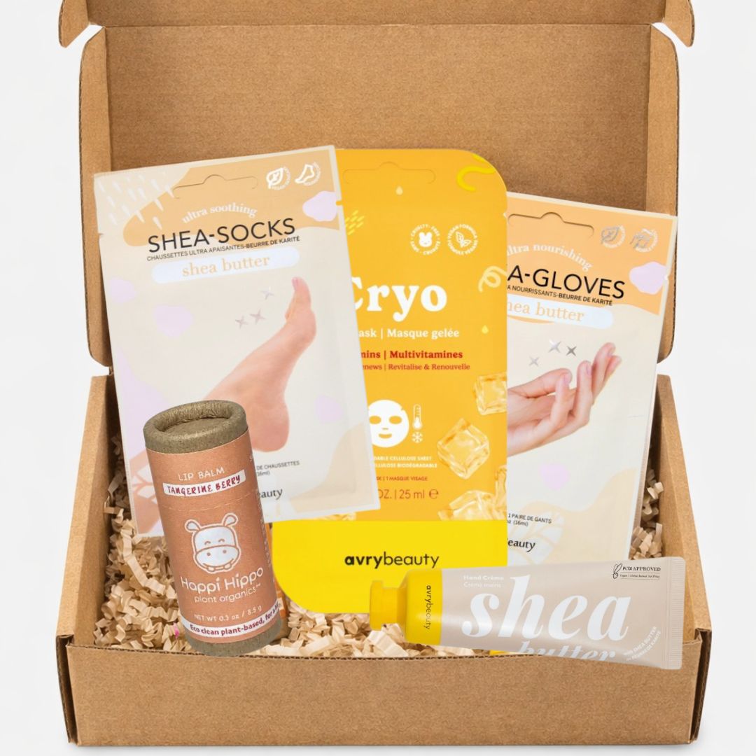 A Little Pampering Gift Set with spa socks, face mask, hand cream, shea butter gloves, and lip balm. A simple get well soon or self-care gift box.