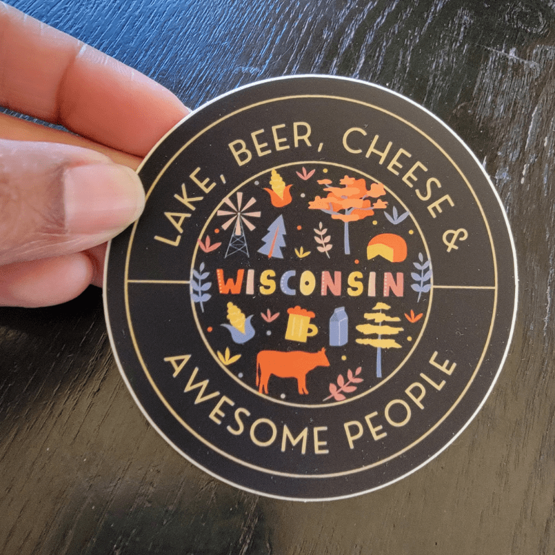 Small Round Wisconsin Sticker, perfect for curated gift boxes and Build a Box gifting