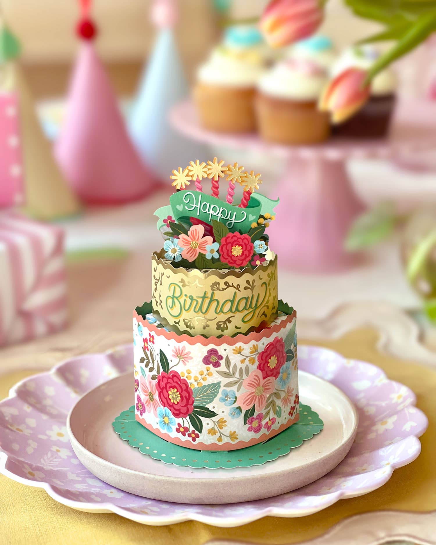 Blooming Birthday Cake Mini Pop-up Greeting Card, perfect for birthday gifts and curated gift boxes (front view)