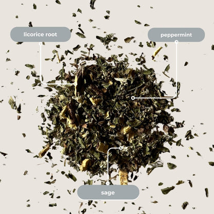 Calming Tea Herbal Rest Tea — loose leaf gourmet tea, perfect for gourmet gift boxes and curated gift boxes (detail shot)