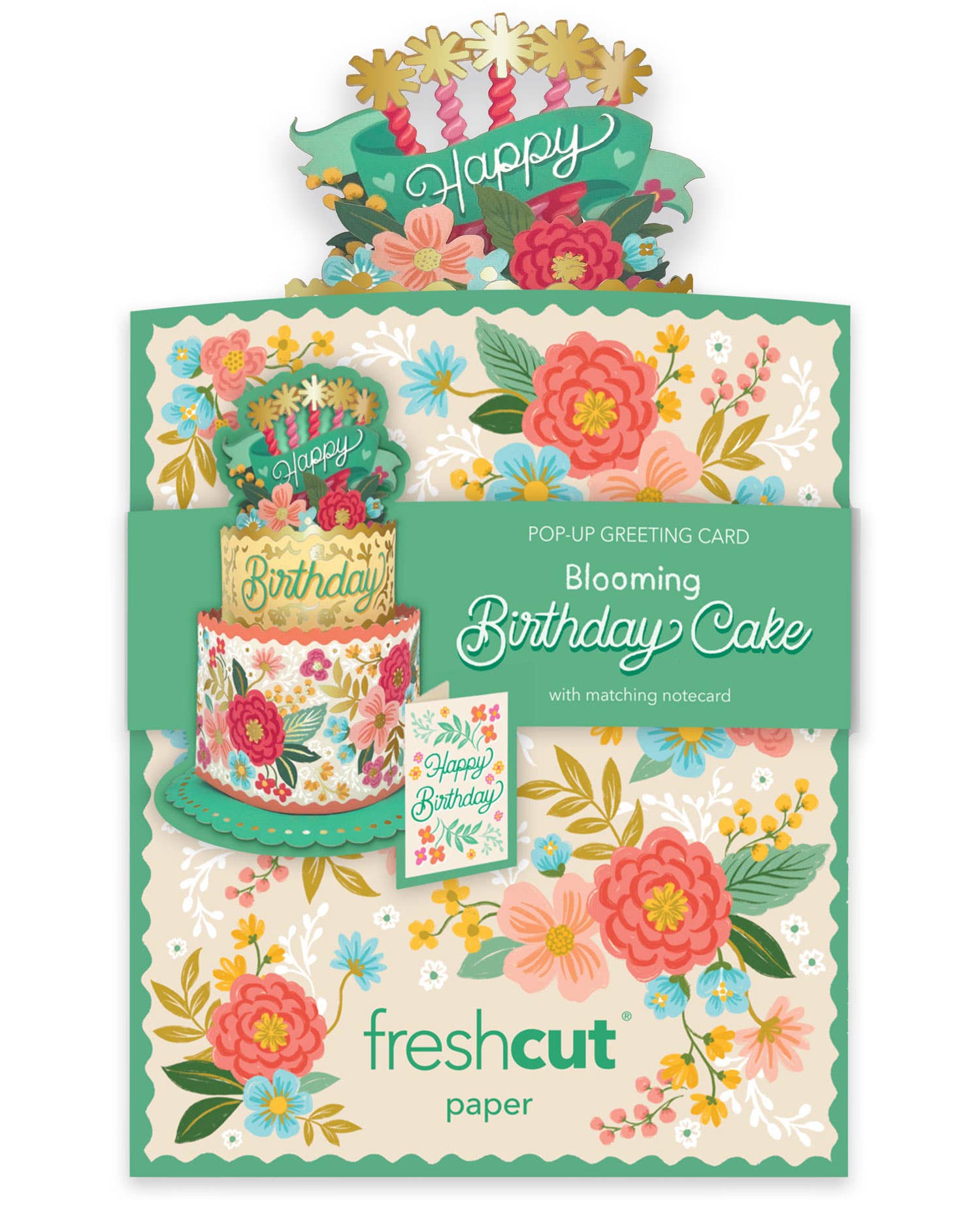 Blooming Birthday Cake Mini Pop-up Greeting Card, perfect for birthday gifts and curated gift boxes (shown with packaging)