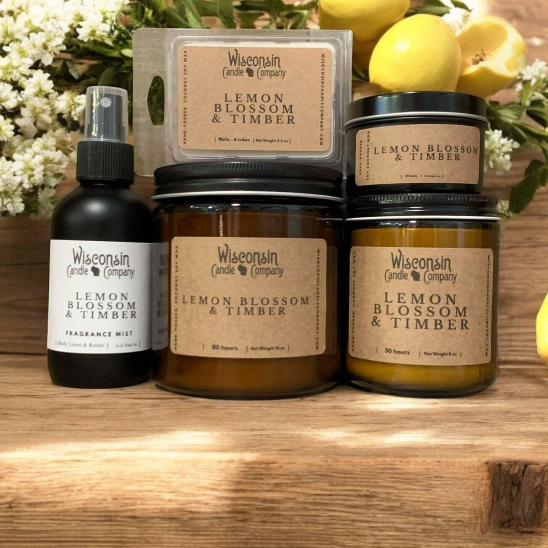 Lemon Blossom &amp; Timber Candle - Wisconsin 8oz — hand-poured scented candle, perfect for gift boxes and gifting (front view)