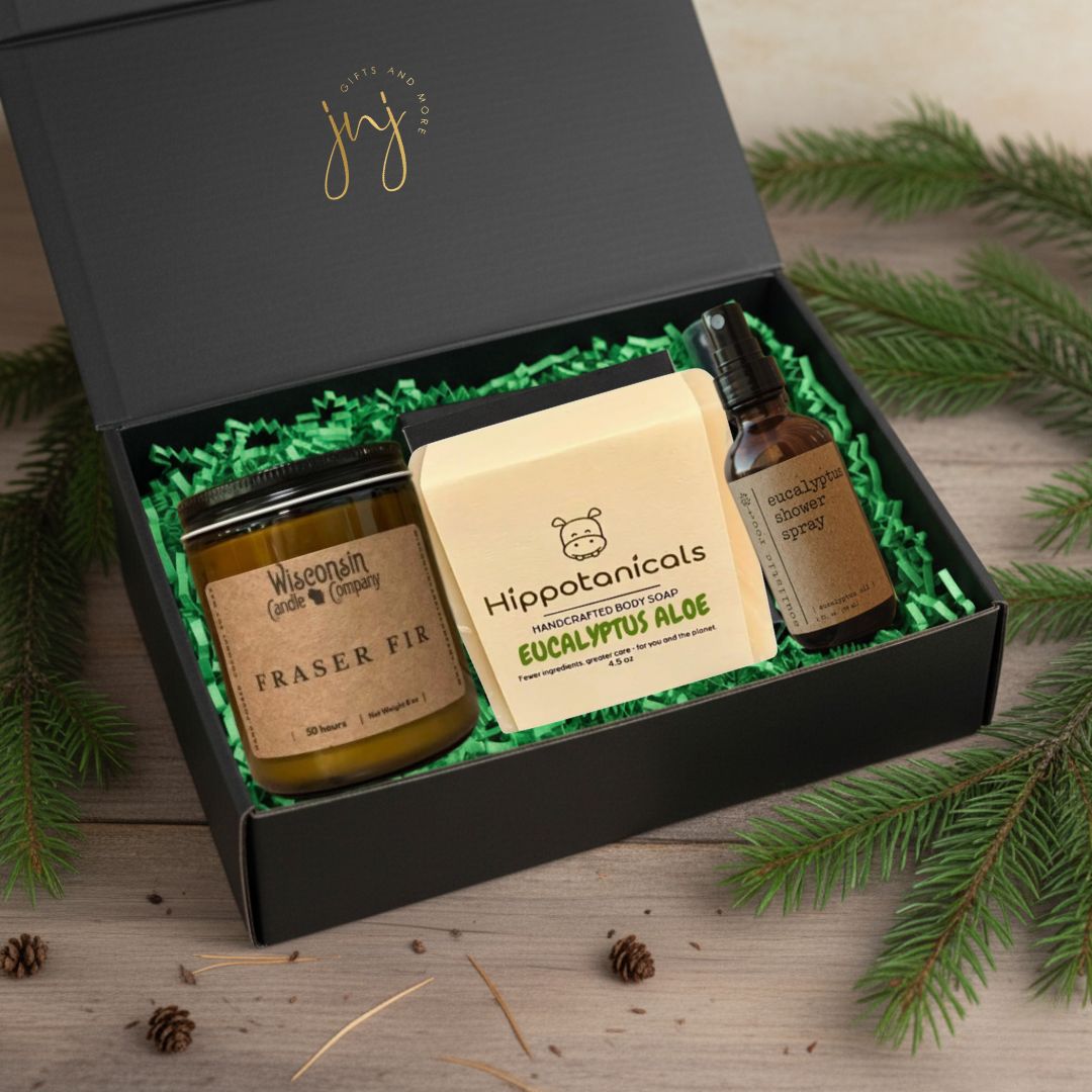 Fir & Eucalyptus Morning Set for friends and family Christmas. Holiday wellness gift set.