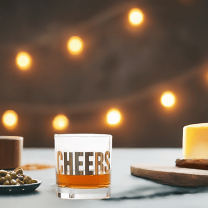 Cheers Old Fashioned Glasses, perfect for gifts for him and curated gift boxes (front view)