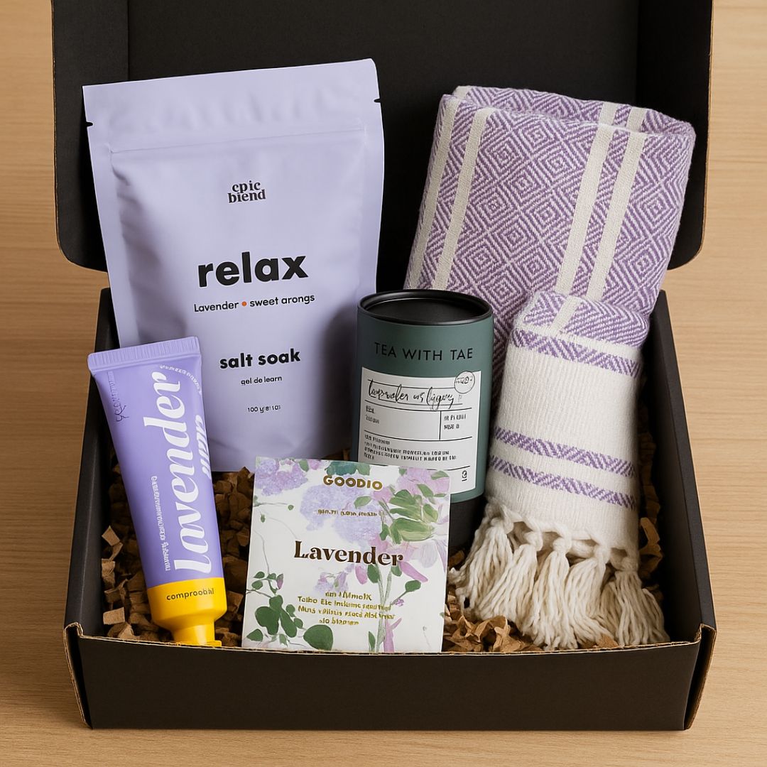Gift box with lavender-themed products including a salt soak, tea, chocolate and blanket with lavender