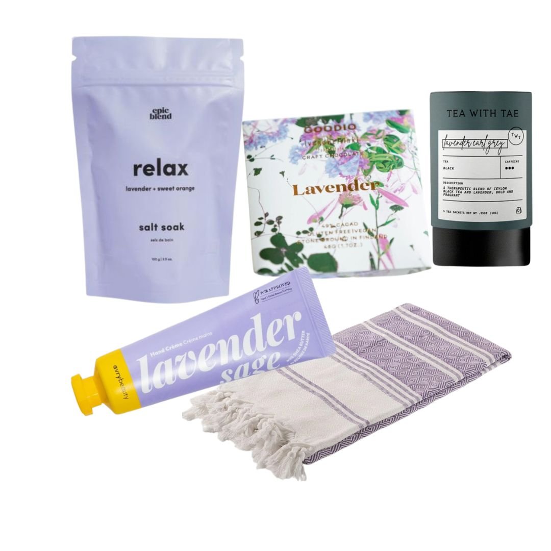 Lavender Healing Gift Box with bath soak, tea, hand cream, chocolate, and a soft blanket. A calming get well, sympathy, or self-care gift box.