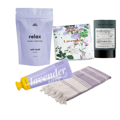 Lavender Healing Gift Box with bath soak, tea, hand cream, chocolate, and a soft blanket. A calming get well, sympathy, or self-care gift box.
