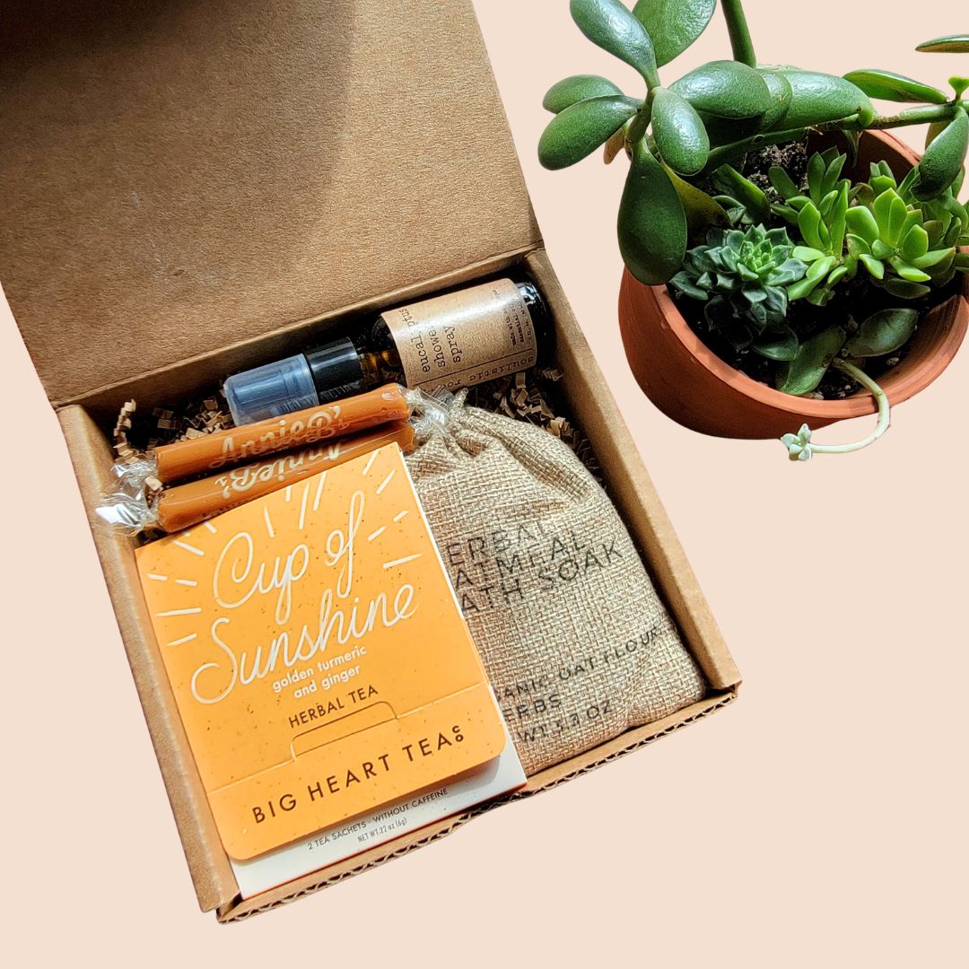 self-care gift for sympathy, get well, or thinking of you moments. Herbal tea, bath soak, shower spray &amp;amp; caramels.