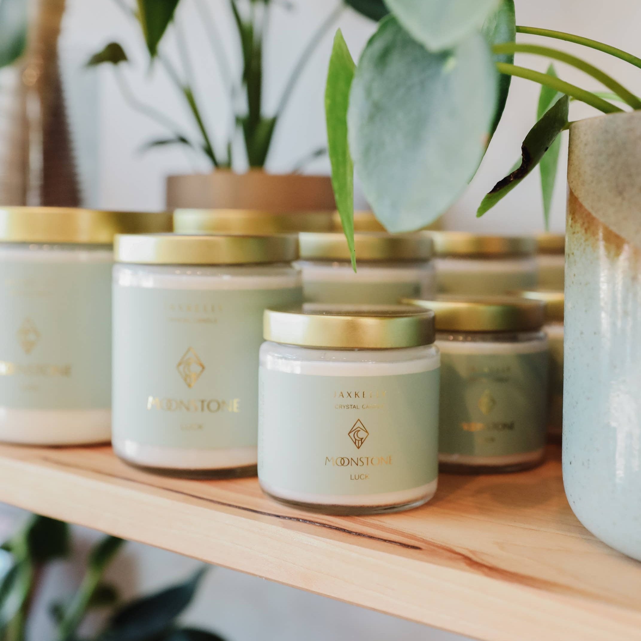 Crystal candle with Moonstone, sage, orange, and lavender notes